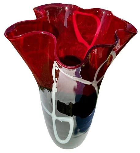 Huge Vintage Murano Fazzeletto Ruby Red Dark Mauve & White Art Glass Vase W2.5kg