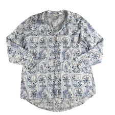 C C California Top Womens M Linen Button Up Roll Tab Floral Tropical Resort