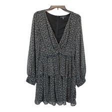 Lulus Tell You I Love You Black Floral Print Twist-Front Mini Dress Large Ruffle