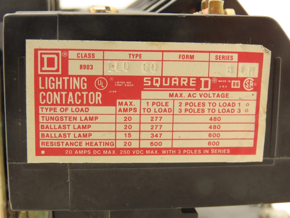 Square D LL0 60 Lighting Contactor 600VAC 20A 250VDC Max Coil-120V - Image 2 of 4