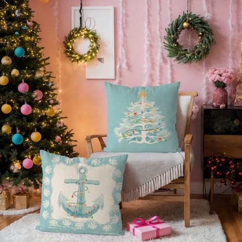 Christmas Pillow Covers Coastal Beach Christmas Decor Retro Xmas Throw 18"x18"