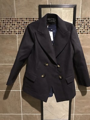 NWT Zara Woman Double Breasted Button Front Blazer Peacoat Wool Navy Sz M 