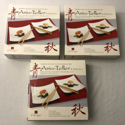 6 Asia-Porzellanteller á 20,5 cm + Stäbchen Porzellan Creative Kitchen Neuwertig