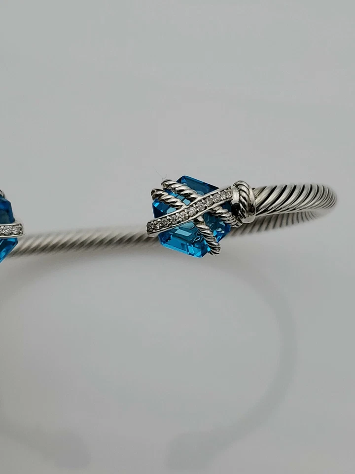 David Yurman 纯银蓝色黄玉和钻石电缆包裹式手链 4 毫米 — 第 4/4 张图片