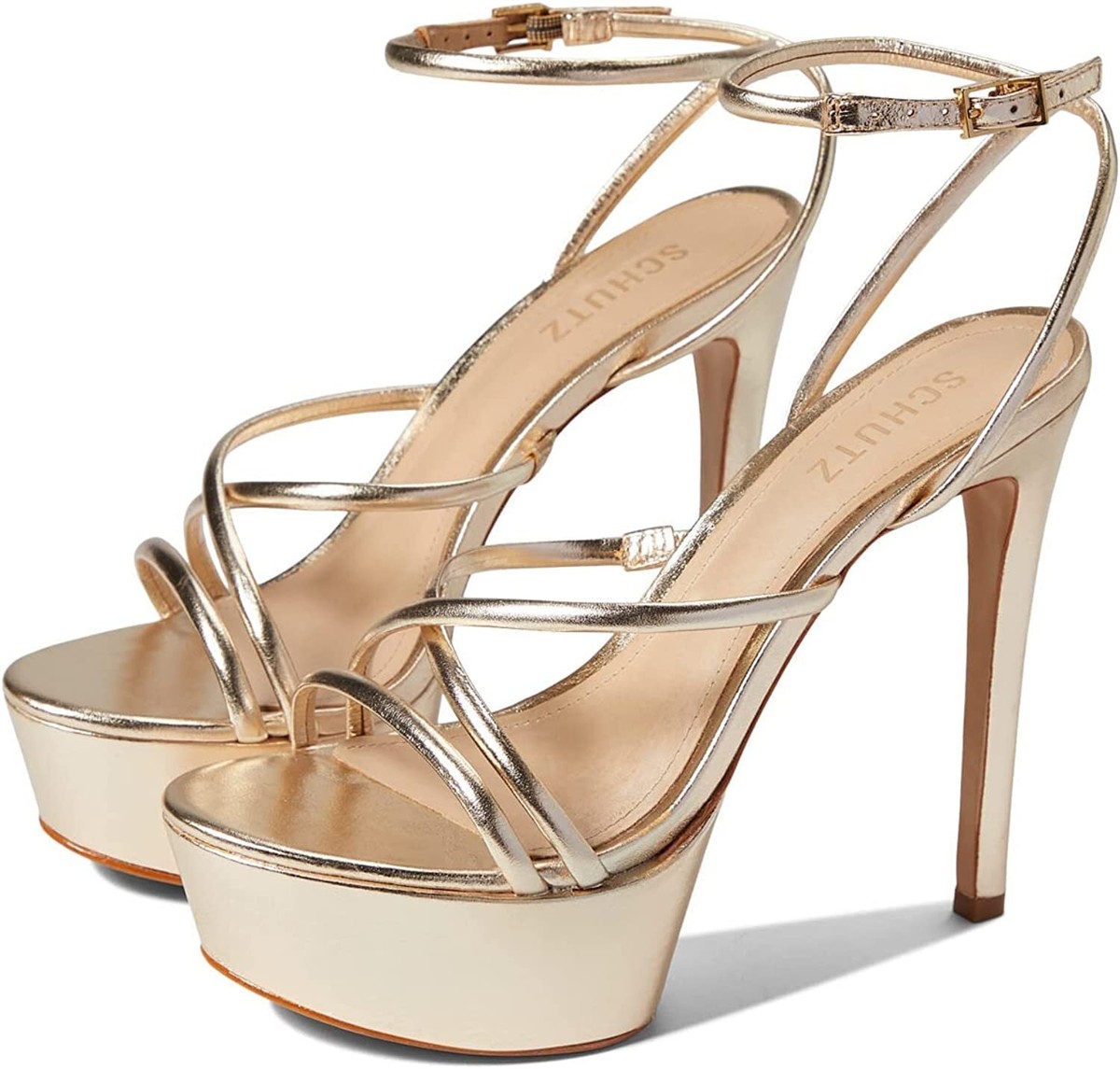 Schutz Zilla Gold Strappy Platform High Heel Metallic Dress
