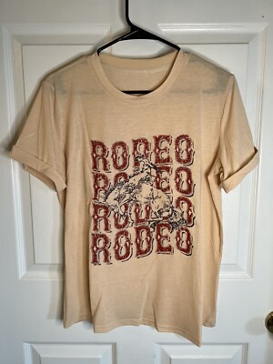 Women’s Tan Short Sleeve ‘Rodeo’ Cowboy Graphic T-shirt Size Small NWOT 