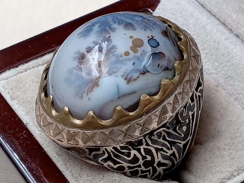 Anillo de plata esterlina con sello para hombre con cabujón ágata en ajuste de bisel: S 11,5 Foto 2 de 4