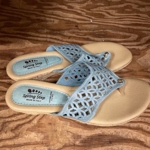 SPRING STEP WOMENS SANDALS SIZE 39 EU /US 8.5 - CORK WEDGE SLIP ON THONG - TEAL - Picture 3 of 5