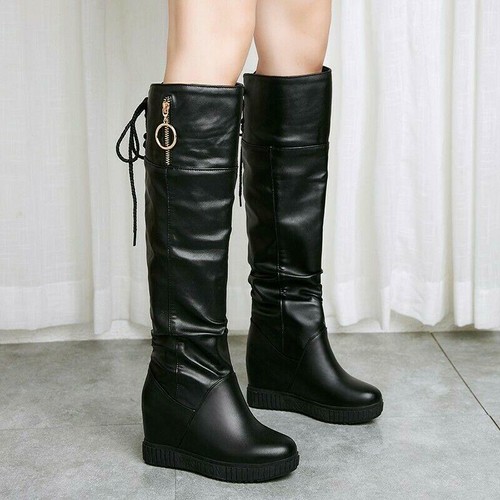 Womens Hidden Wedge Heels Knee High Boots Lace Tie Platform Pull On Winter Shoes - 第 8/15 張圖片