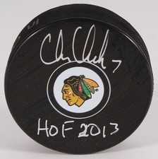 Chris Chelios Signed Blackhawks Logo Hockey Puck Inscribed 