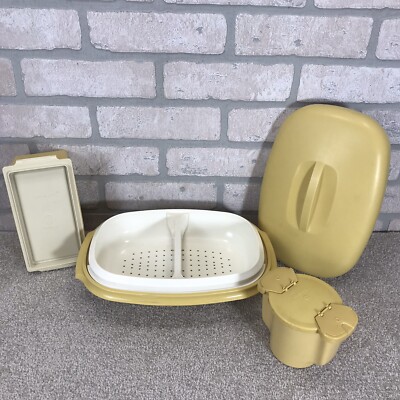 Vtg Tupperware 3 Pc Harvest Gold Microwave Veg/Rice Steamer Butter Dish Sugar