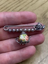 BCS Brown County Silver Safety Pin Brooch Ball Beaded Tea Pot Charm Dangle