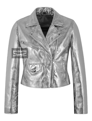 Women's Brando Metallic Foil Silver Slim-fit Biker Leather Jacket Emma  Watson UK