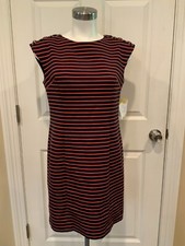 Michael Kors Navy Blue & Orange Striped Sleeveless Dress W/ Leather, Size M