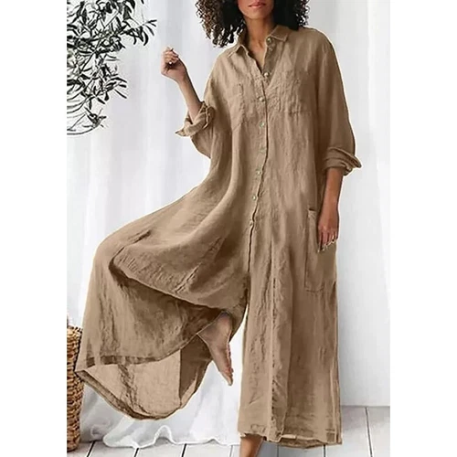 Elegante mono de mujer de lino con botones manga larga pierna ancha pantalones palazzo de playa - Imagen 46 de 52