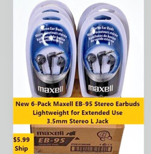 LOT OF 6 Brand New Sealed Maxell EB-95 Black Corded Earbuds 3.5mm Stereo L Jack