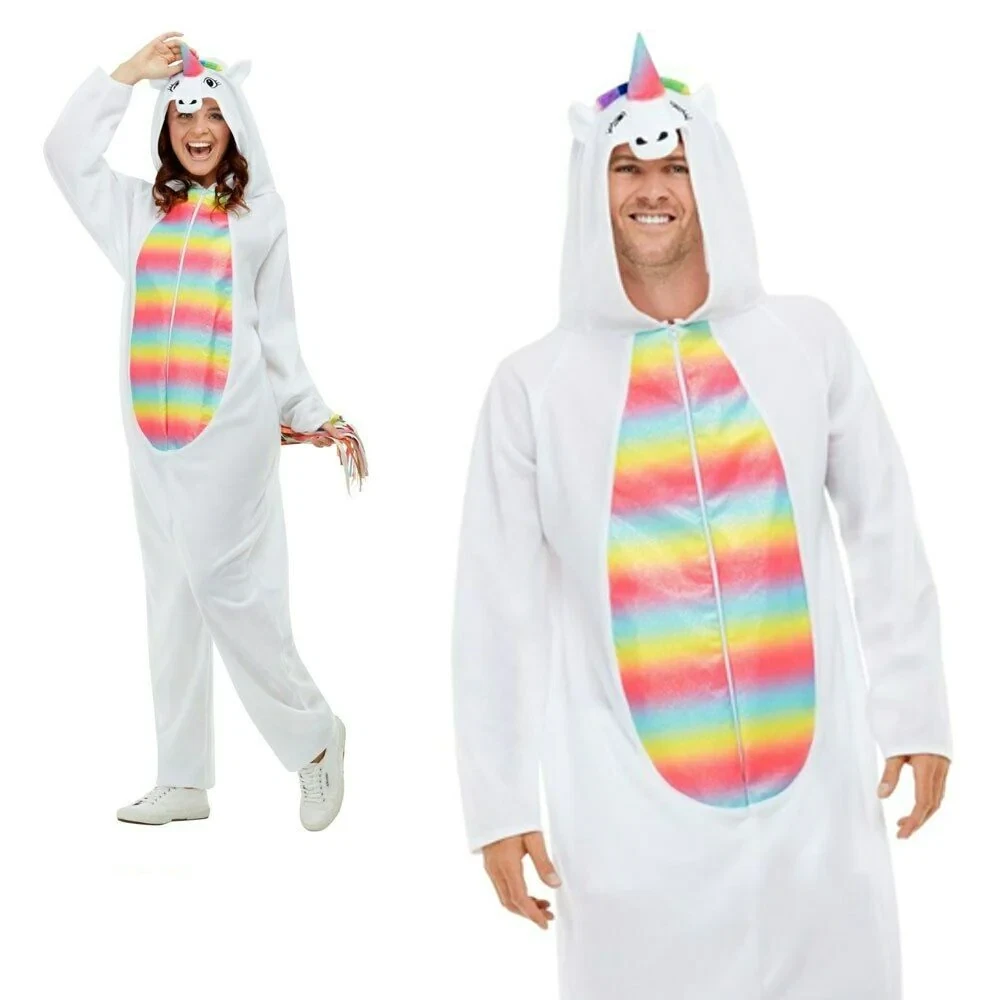 Adult Unicorn Costume Jumpsuit Mens Ladies Fairy Tale Fancy Dress