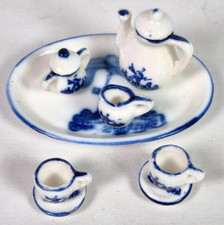 Dollhouse Miniature 10-Piece Delft Blue Ceramic Tea Set Vintage