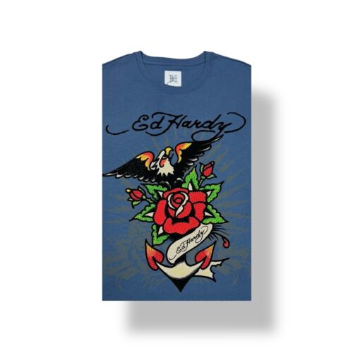 Ed Hardy Logo Herren XL Grafik Nieten Adler Rose Tattoo blau Rundhalsausschnitt T-Shirt - Bild 4 von 16