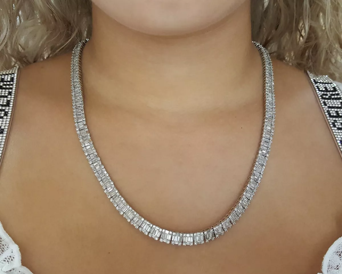 Round Baguette Diamond Chain Necklace 20.52ct 14K White Gold 6.9mm