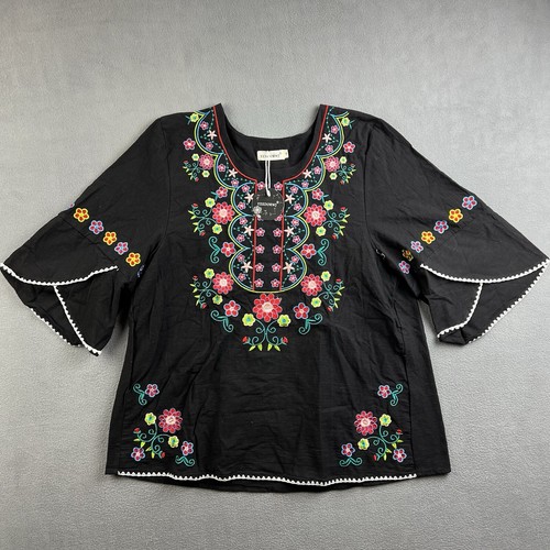 YZXDORWJ Top Womens Medium Black Embroidered Floral Boho Peasant Blouse NEW NWT