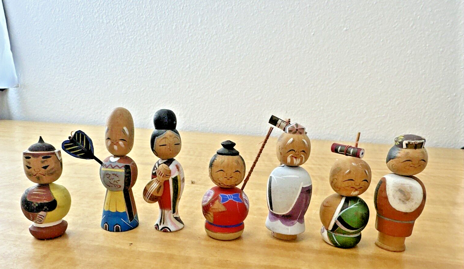 Vtg 7 LUCKY GODS Japanese Hand Painted Kokeshi Wooden Doll Nodders Bobbleheads