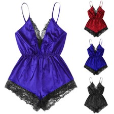 Womens Ladies Satin Silk Lace Cami Teddy Bodysuit Lingerie Pyjamas Set Sleepwear