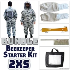 Adult 2XS Snow Camouflage Bee Keeper Suit Bundle -  Gloves, Hive Tool & Brush