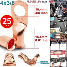 25 Lot AWG 4 3/8" Hole Ring Terminal Lug Bare Copper Uninsulated Gauge wire