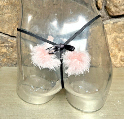 Victoria's Secret Satin & Fur Pom Pom V-STRING THONG Panty Sz S BLACK NWT