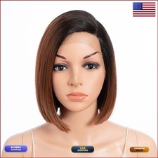 DÉBUT Short Asymmetrical Bob Wig C Part Lace Front Ombre Auburn Brown