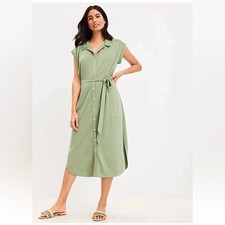 Lou & Grey Sage Green Button Front Shirt Dress Tie Waist Small