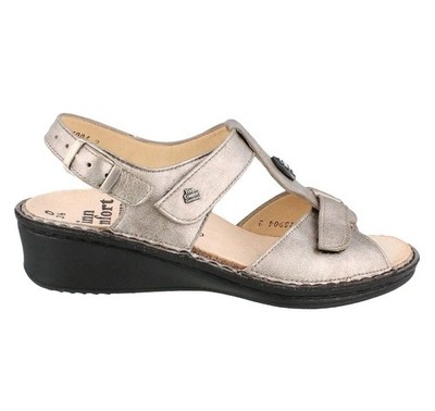 Finn Comfort Sandals Womens Sz 7 1/2 Adana Strappy Slingback Wedge Metallic Gray
