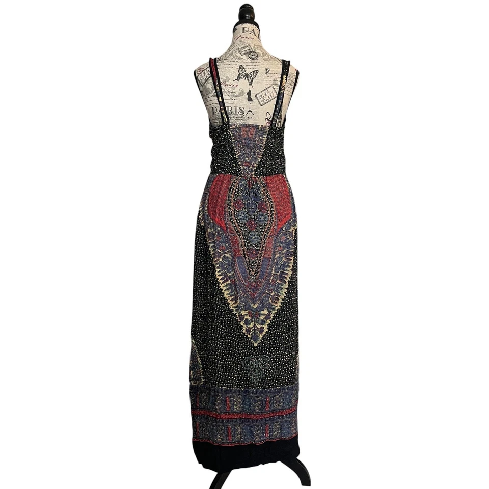 Maxi Vestido Angie's Para Mujer Profundo V Negro Rojo Azul Bohemio Boho Paisley Indie Talla S Foto 4 de 4