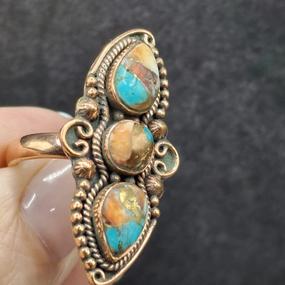 Anillo de 3 piedras turquesa ostra espinosa cobre macizo talla 7 vaquera suroeste Foto 4 de 4