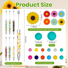 12 Sunflower Beadable Pens DIY Bead Pen Kit -24 Silicone Beads  12 Flower Ch...
