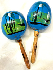 Vtg matched Pair Hand Paint coconut Maracas- 8 " hand carved handles -crisp tone
