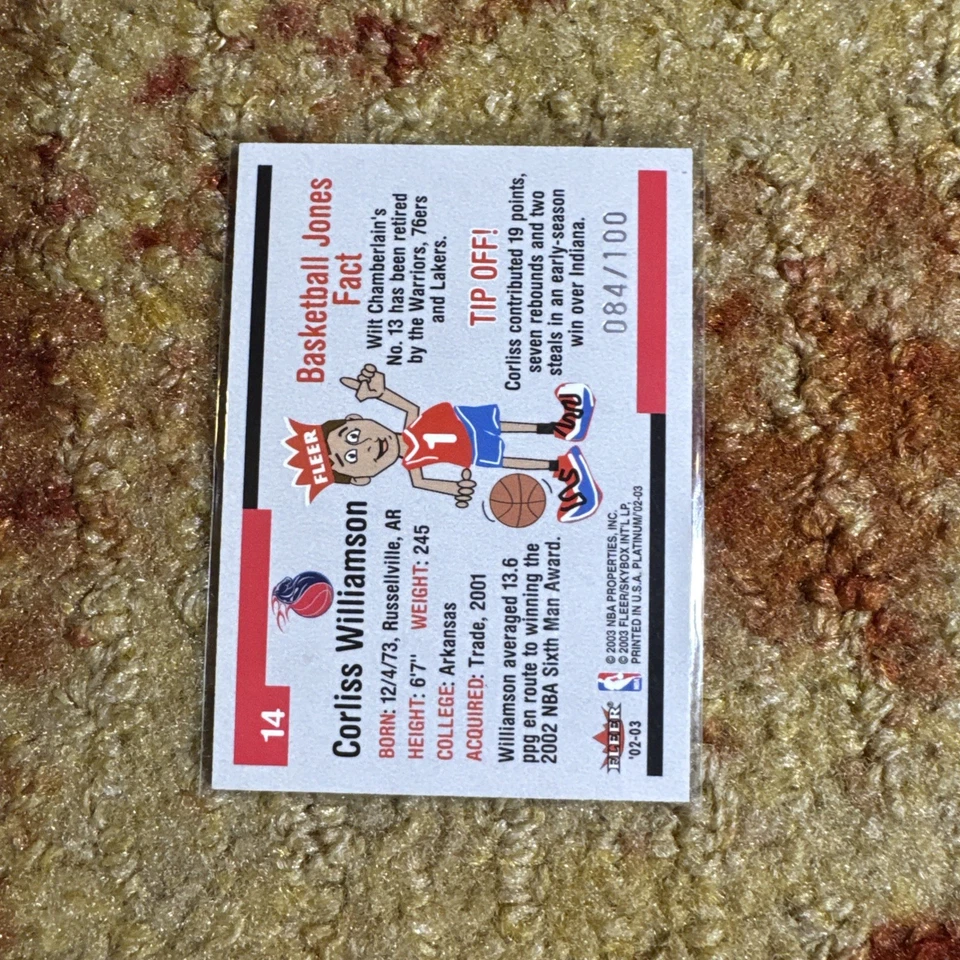 Fleer Platinum 2002-03 - acabado Corliss Williamson platino/100 pistones Detroit Foto 2 de 2