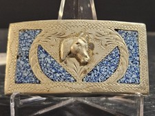 Belt Buckle Horse Alpaca Mexico Vintage Handcrafted with Turquoise Inlay B32