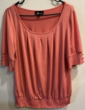 AB Studio Size XL Pink (Coral) Polyester Blend Blouse W/ Elastic Waist, Pleats
