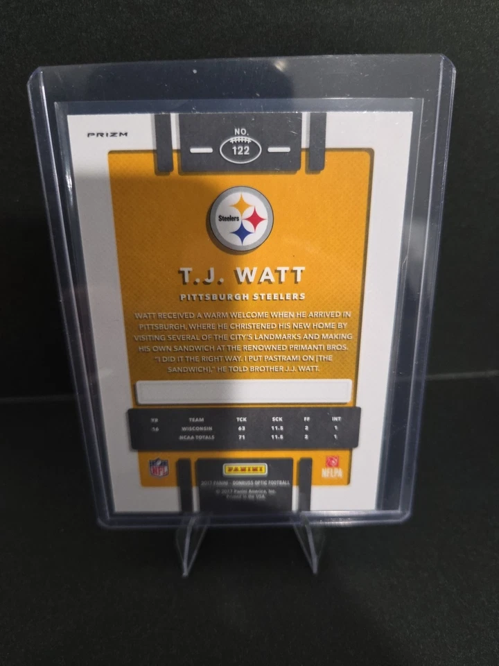 2017 Donruss Optic T.J. Watt RC Red and Yellow Rookie #122 Steelers - Image 2 of 2