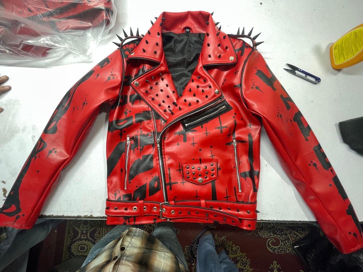 Men's PU Leather Punk Jacket, Red With Metal Stud And Spikes