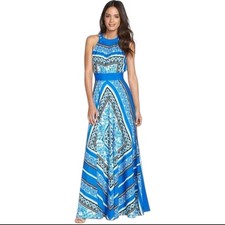 Eliza J Blue Scarf Print Crepe de Chine Halter Maxi Dress Size 6