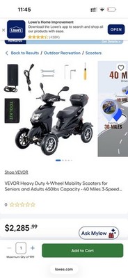 VEVOR Heavy Duty 4-Wheel Mobility Scooters 40 Miles 3-Speed 500W 450lbs Capacity