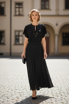 black rayon maxi dress Vtg 40s DuBarry Black Rayon Crepe Beaded Evening Maxi Dress W28-29