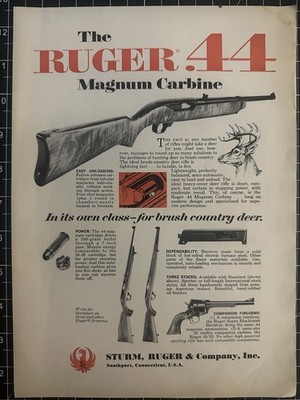 1960s Vintage Ruger Carbines Print Ad - .44 Magnum Firearms Gun Advertisement