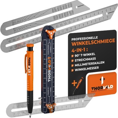 Thorvald 4-in-1 Winkelschmiege + Zimmermannsbleistift + 2 Edelstahl-Lineal