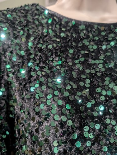 Nanette Lepore Top Green Sequins Short Puff Sleeve Round Neck Zip Lined Sz S NWT - Picture 2 of 8