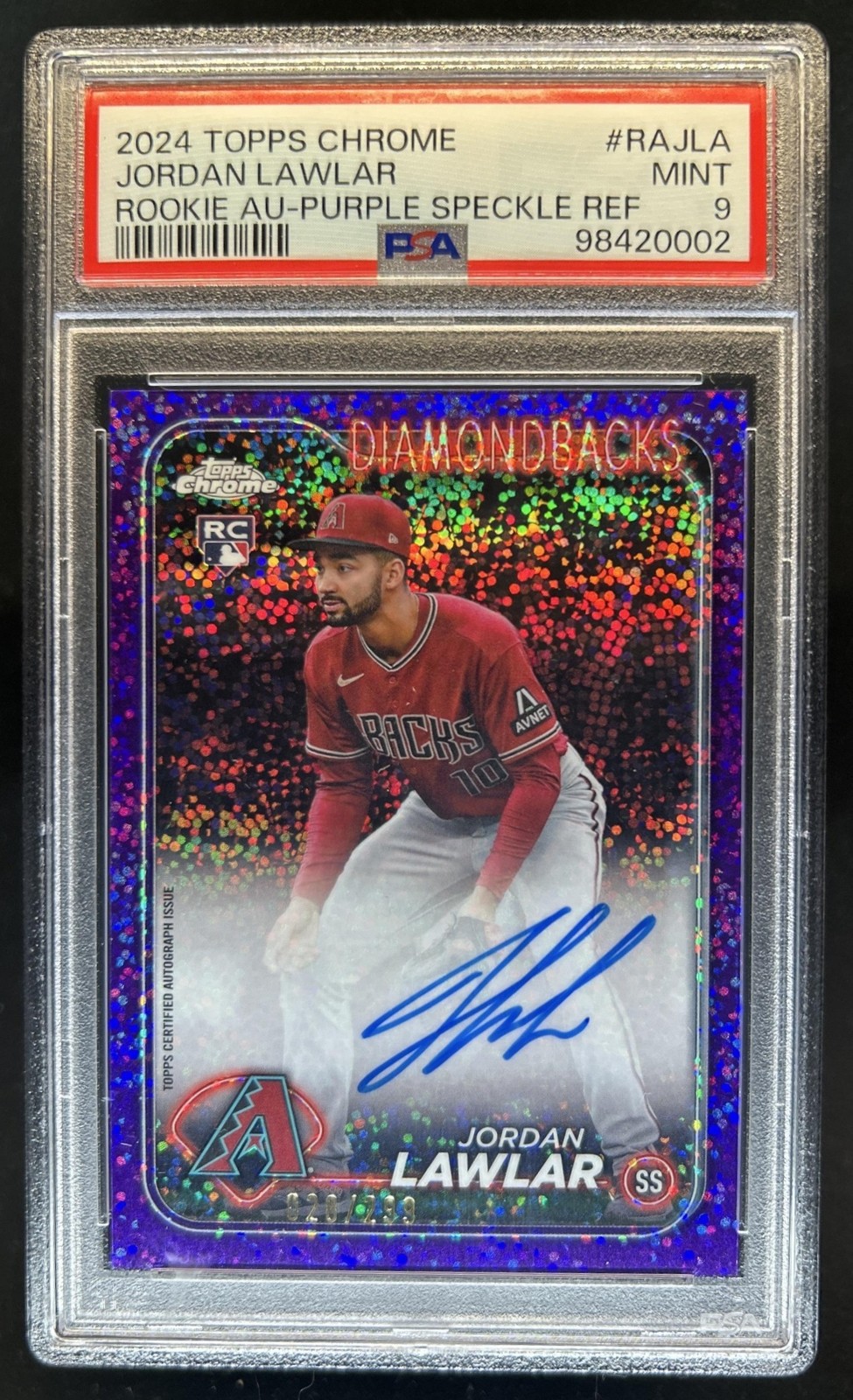 2024 Topps Chrome Jordan Lawlar Rookie Auto Purple Speckle Refractor #/299 PSA 9