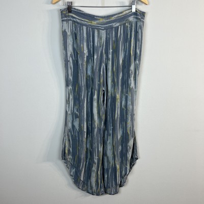 Free People Pants Womens Large Gray Blue Yellow Abstract Wide Leg Boho Lounge
